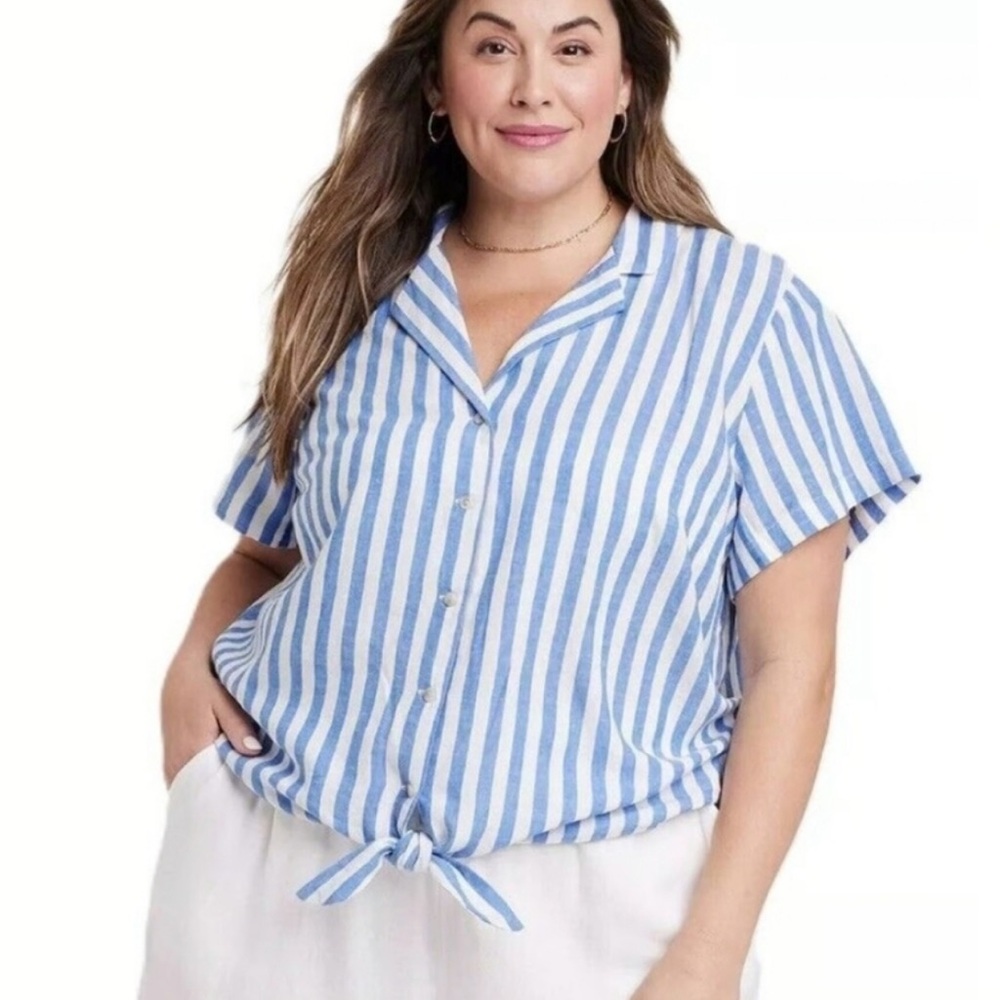 AVA & VIV Linen Blend Striped Tie Front Cropped Short Sleeve Button Down